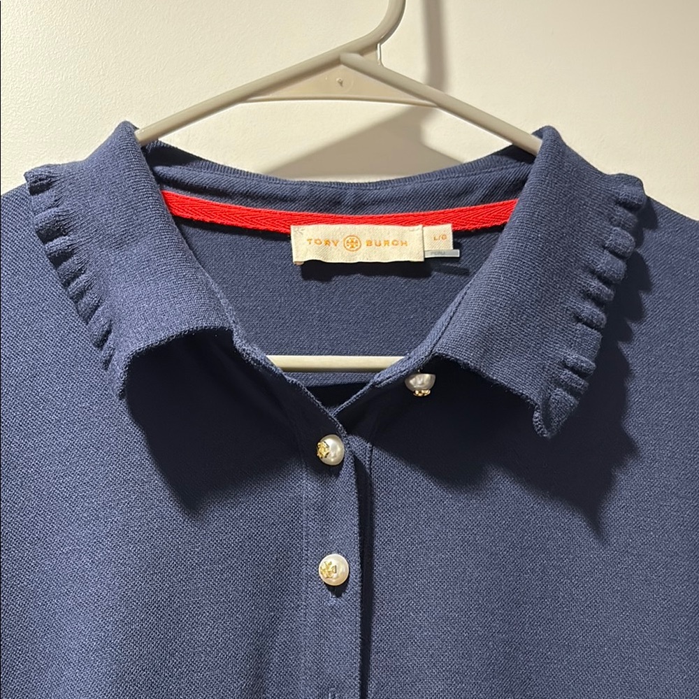 Tory Burch Polo Shirt – Navy Blue, Ruffle Details, Size Large